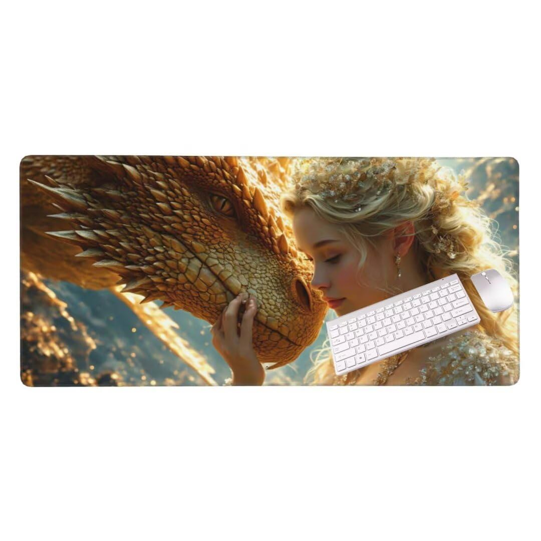 Alfombrilla de ratón 1400x600x3 MM, Alfombrilla Ratón XXL Extendida de Gran Tamaño con Bordes Cosidos, Base de Goma Antideslizante Almohadilla para Teclado, La Diosa del dragón S-8021
