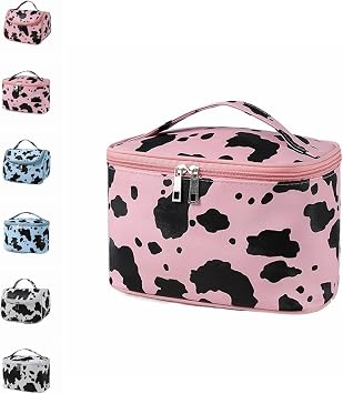 KIRYU Cow print makeup bag, Women Professional Travel small Makeup Bag Pouch Portable Train Case Organizer, Washable Waterproof Pink A
