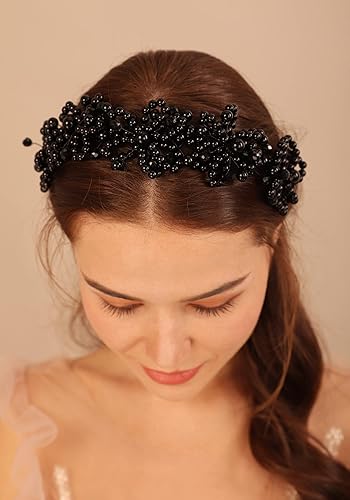 Miniatura 6 de Diadema para el pelo, diadema de perlas negras, perlas de cristal de diamantes de imitación, pieza de pelo de boda, para mujeres y niñas nupciales