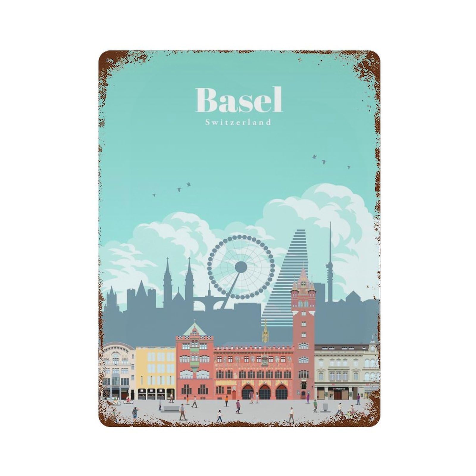 Travel to Basel Rusty Metal Tin Sign 15.7"x11.8", Ideal for Pub, Kitchen And Man Cave Decor