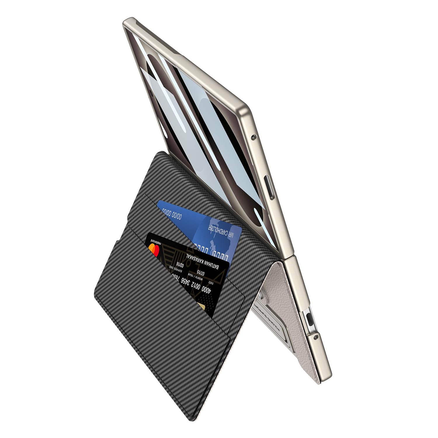 COQUE Etui na telefon Galaxy Z Fold 8, skórzane etui z klapką z miejscem na karty, hartowana folia, pełna osłona ochronna z zawiasami do Samsung Galaxy Z Fold 8 - włókno węglowe