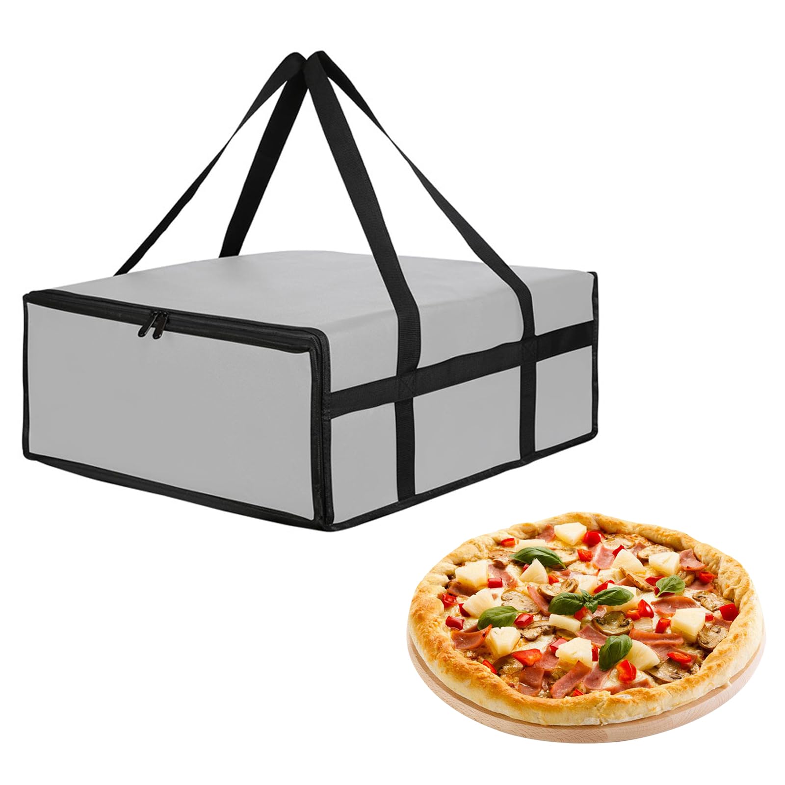 Grand sac à pizza gris - Grand sac isotherme pliable pour livraison de pizza, camping et pique-nique (50 x 50 x 20,5 cm)