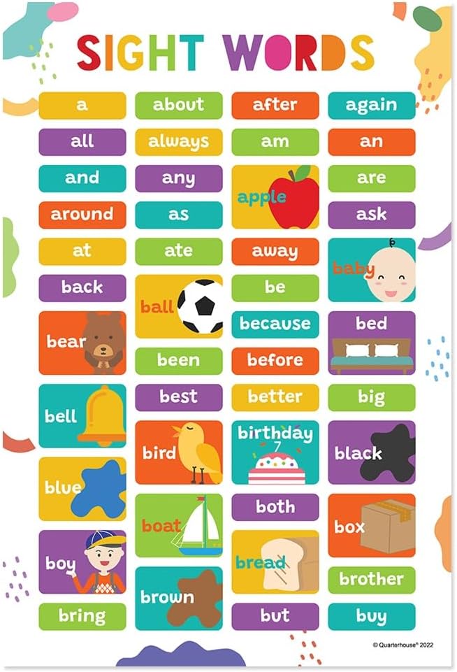 Quarterhouse 7 Poster Sight Words Set, English Classroom Learning Materials for Pre-K and K-12 Students and Teachers, 12 x 18 Inches, Made in USA