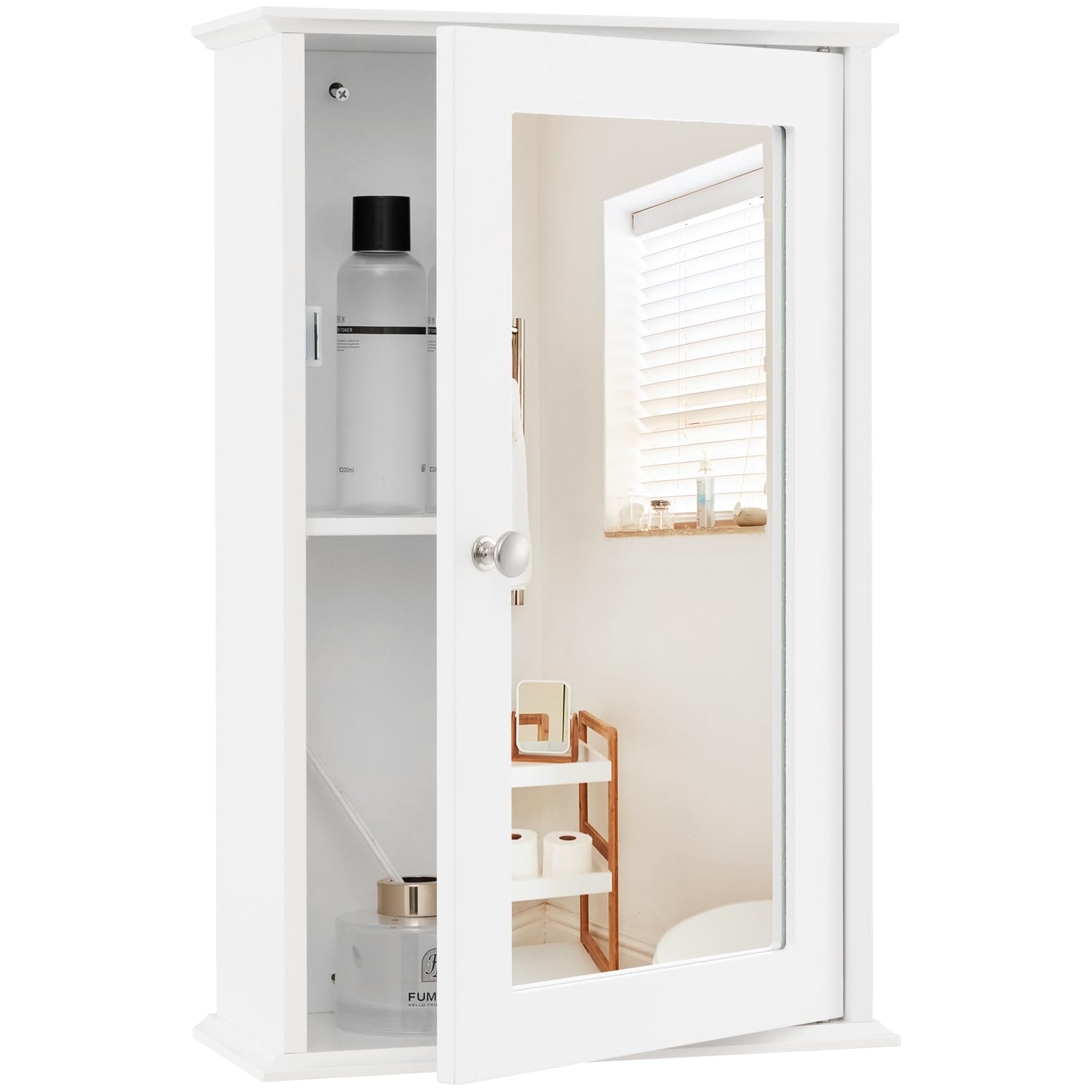 LOKO Bathroom Medicine Cabinet with Mirror, Wall Mounted Storage Cabinet with Single Mirrored Door and Adjustable Shelf for Bathroom, Living Room or