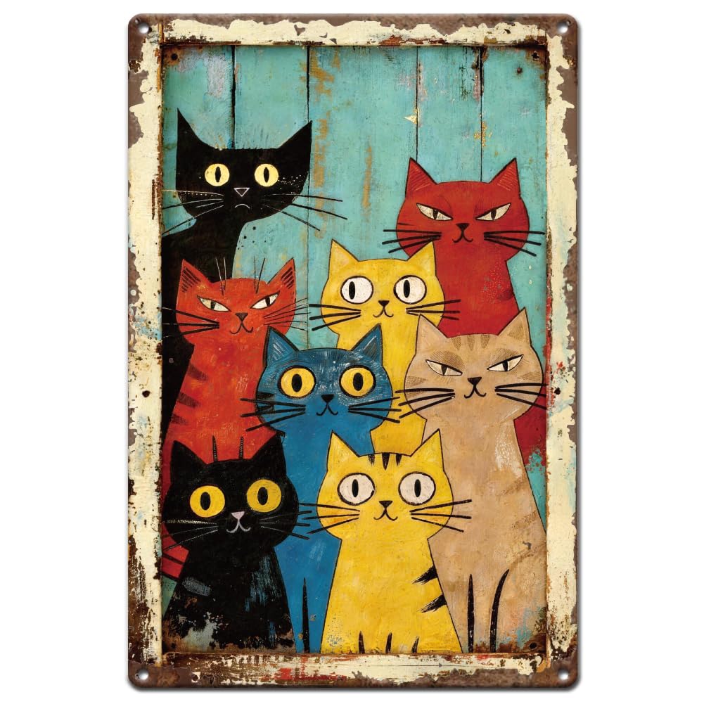 SUPERDANT Targa In Metallo colorata con motivo a gatti, divertente, vintage, decorazione da parete, in metallo, per casa, soggiorno, garage, veranda, preforata, bordo arrotolato, 30 x 20 cm