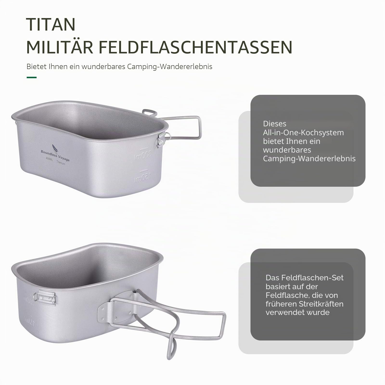 Boundless Voyage Titanium Military Canteen mit Tarnbeuteln Niereförmiges Camping Pot Pan Set mit großer Kapazität und Deckel und hängender Kette