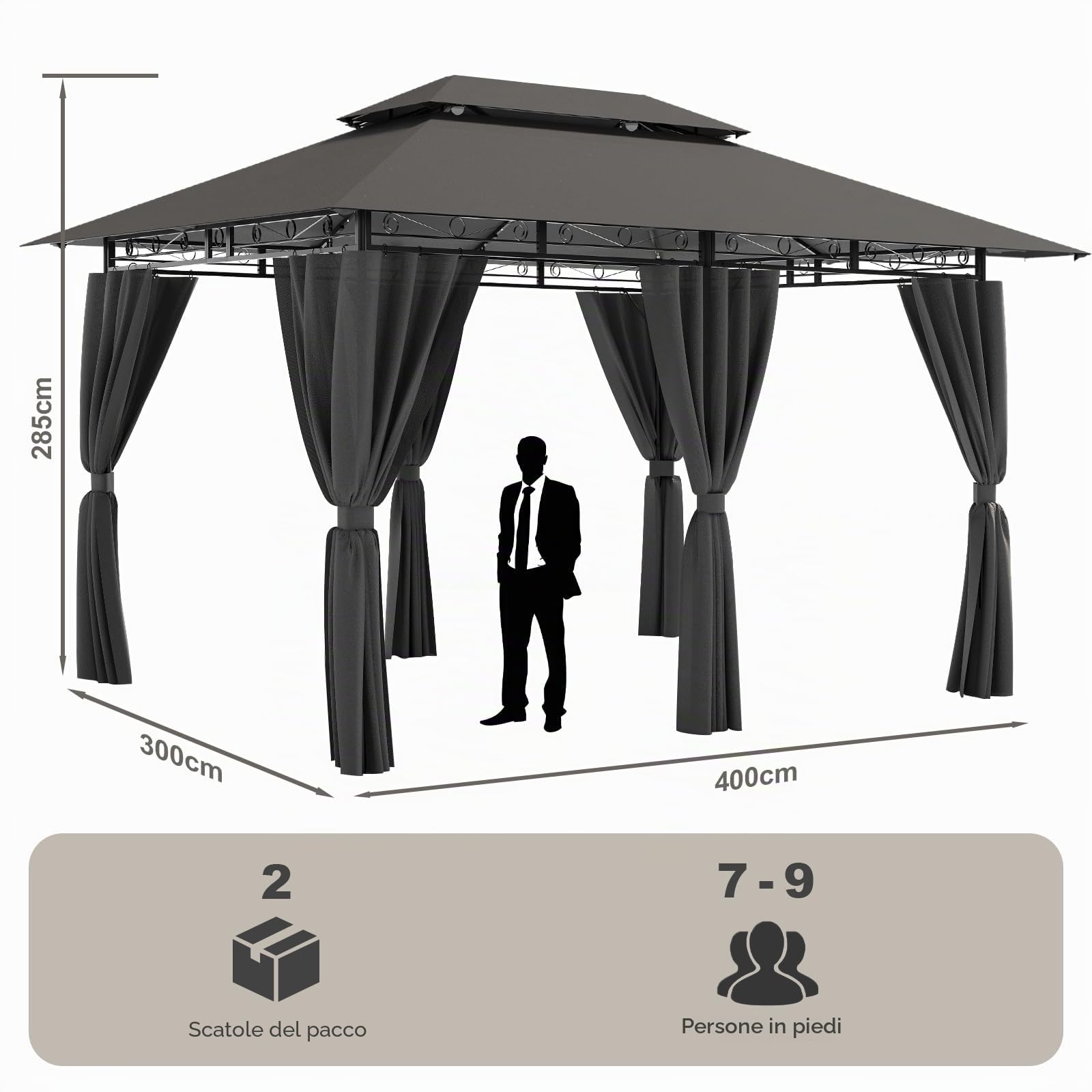 Devoke Gazebo da Giardino 3x4,Telo Gazebos 3x4 Impermeabile,Gazebo Esterno Resistente,Telaio in Metallo, Gazebos,Grigio
