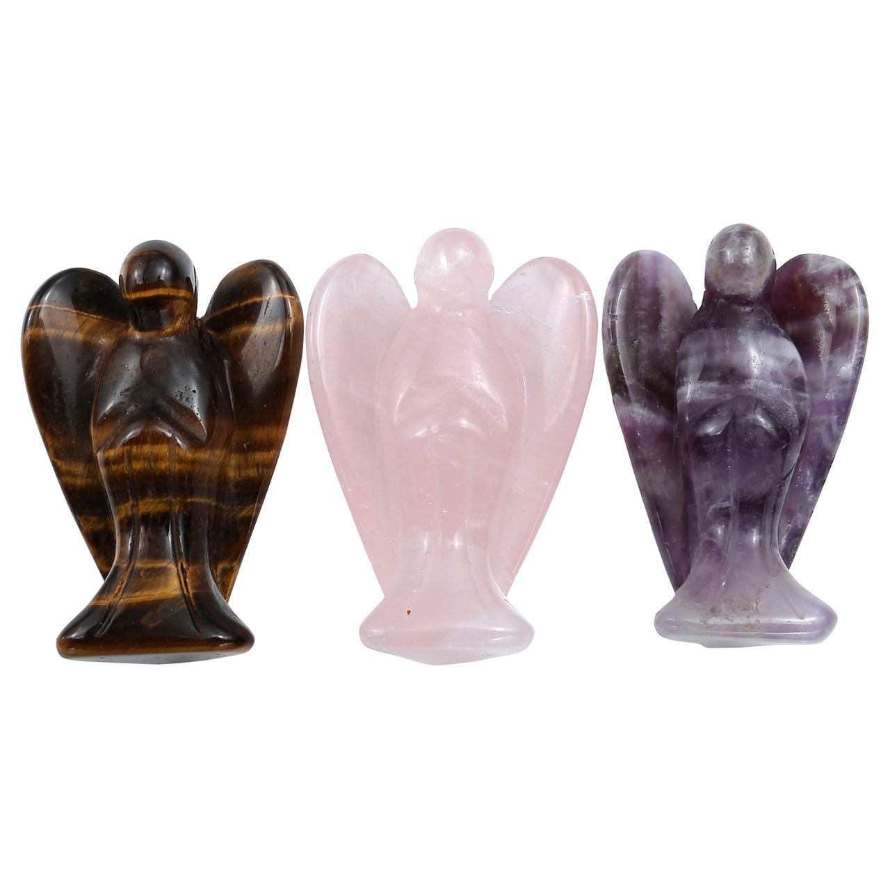 Sunligoo 3 Pcs Carved Natural Gemstone Peace Angel Pocket Guardian Angel Reiki Healing Crystal Statue 1.5 Inches - Amethyst + Rose Quartz + Tiger Eye Stone