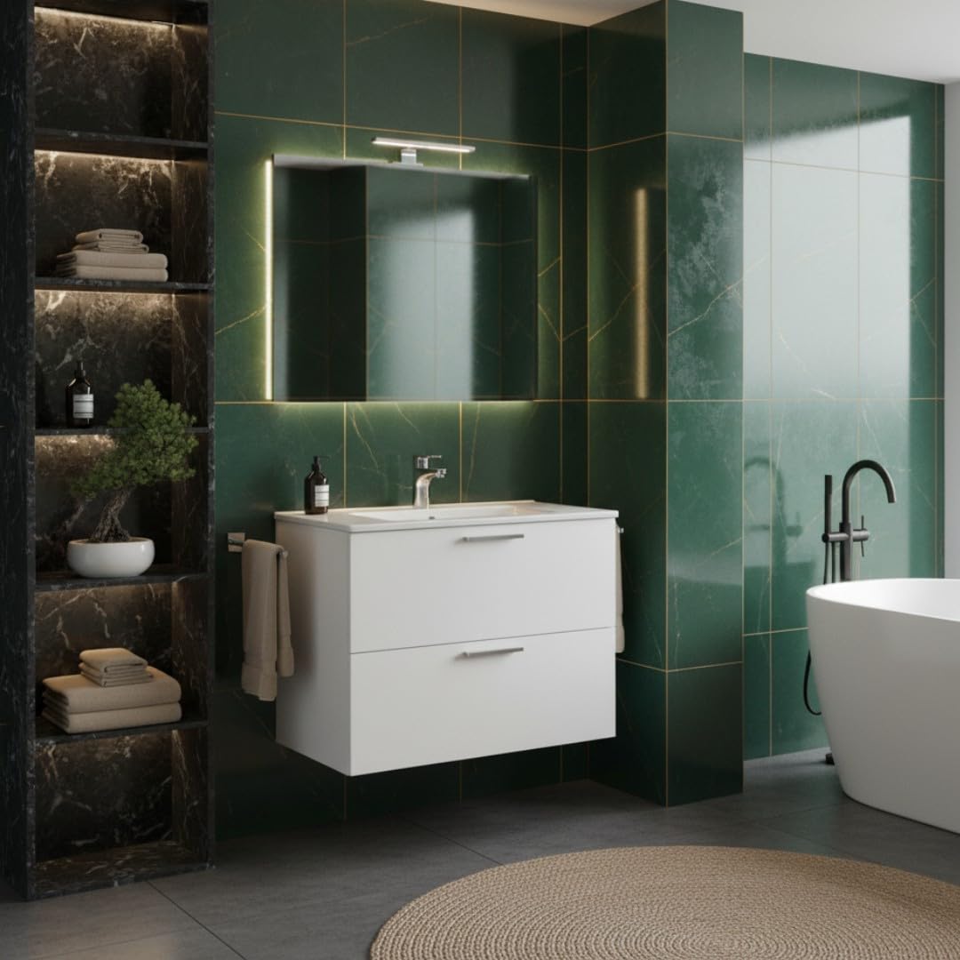 Mobile bagno sospeso 80 cm bianco con 2 cassetti incluso lavabo e specchio con luce - Mia | Vitra