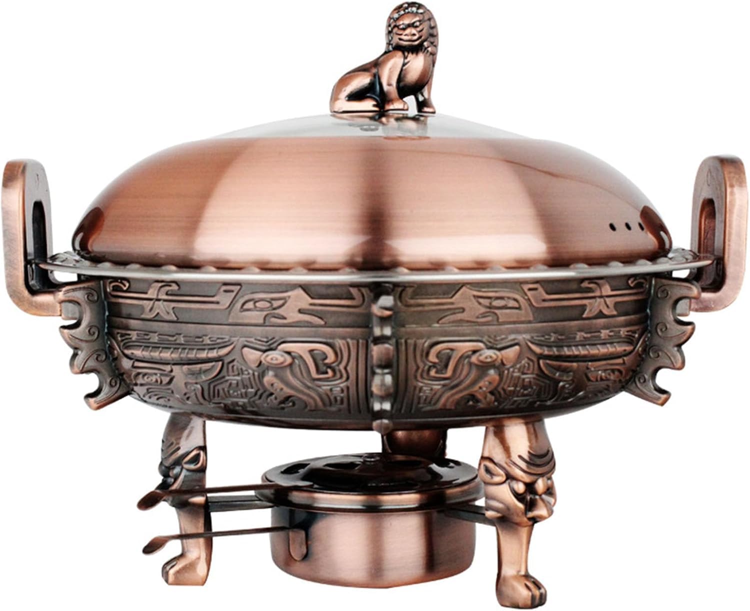 Calentador De Alimentos Redondo Comercial, Juego De Calentador De Acero Inoxidable Y Cobre con Bandejas para Alimentos, Soporte De Aluminio, Tapa Visible Y Red Copper 28CM