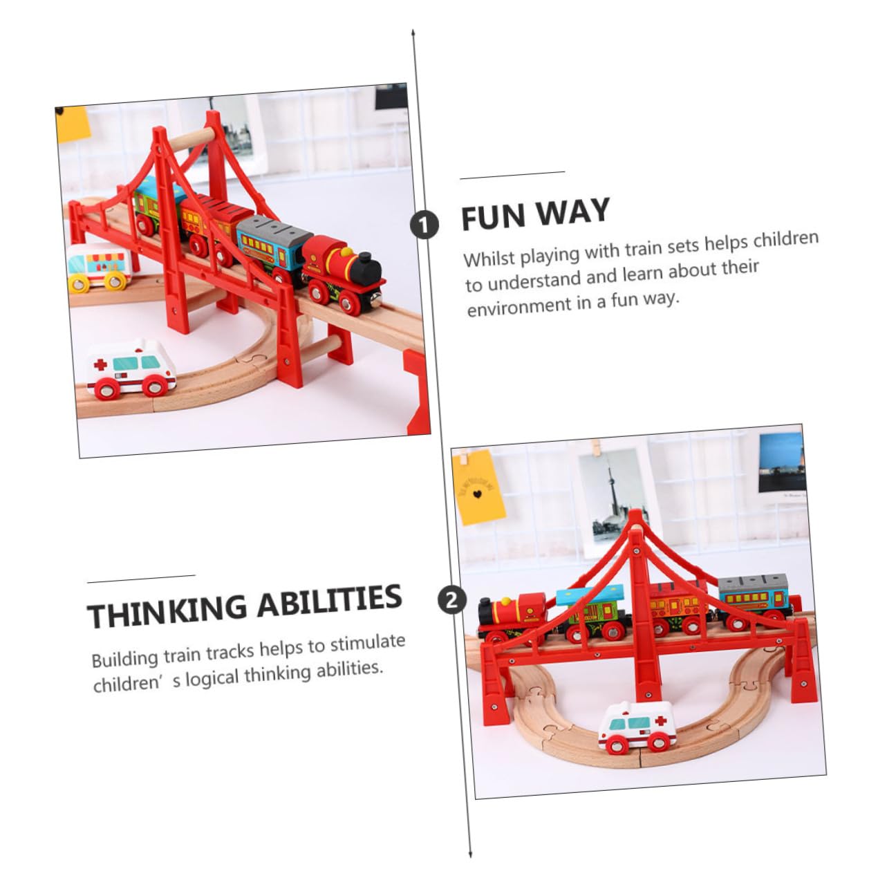 Pont Ferroviaire Surélevé Pendant la Saison des Fêtes en Bois Rouge Compatible Tous Jouets de Voies Ferrées Accessoire pour Circuits Garçon et Filles