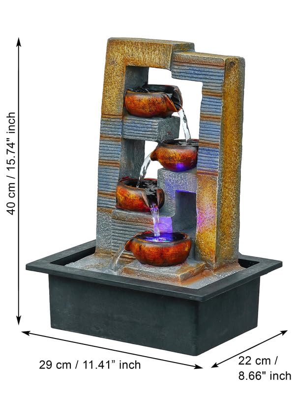 Image of Multicolor Polyresin Tabletop Designer 4 Step Indoor Water Fountain for Home Decor with LED, Speed Control Pump (Size: 29 x 22 x 40 CM | Weight: 1740Gram)