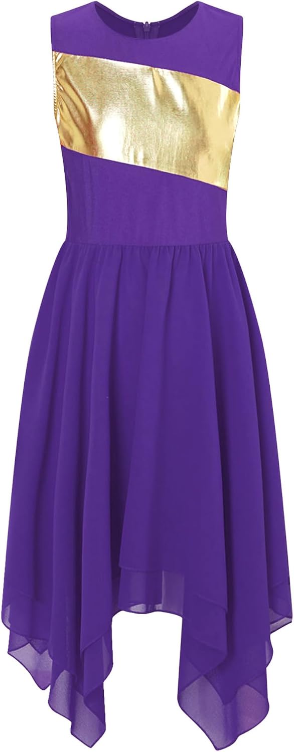 JEATHA Girls Lyrical Praise Dance Costume Kids Sleeveless Metallic Tank Dress Tulle Gown Worship Dancewear