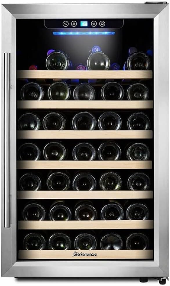 Intern view of the wine refrigerator showing wooden shelves.