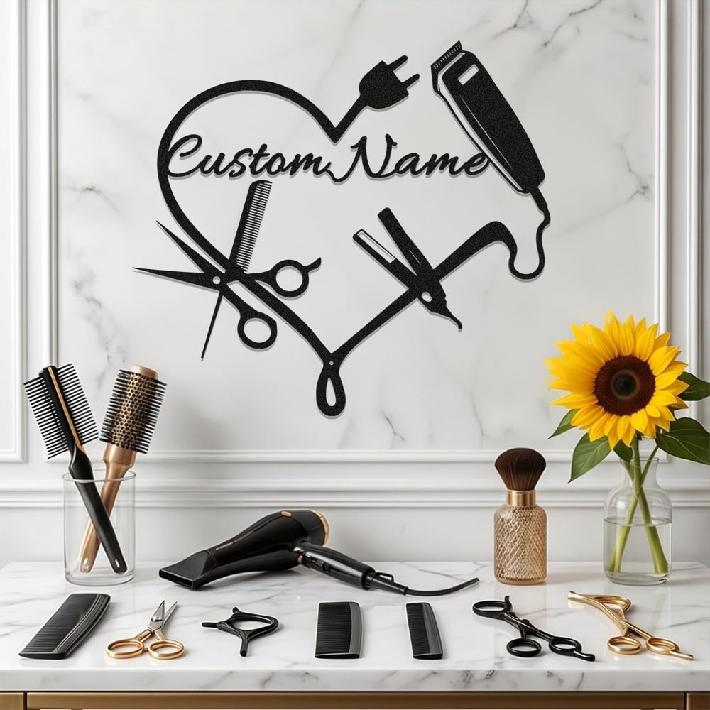 Custom Barber Shop Metal Sign Art Decor,Personalized Hairdresser Stylist Name Signs Beauty Center Metal Wall Hanging,Customized Hair Stylist Office Welcome Plaques Decorations for Hairstyle Barbershop