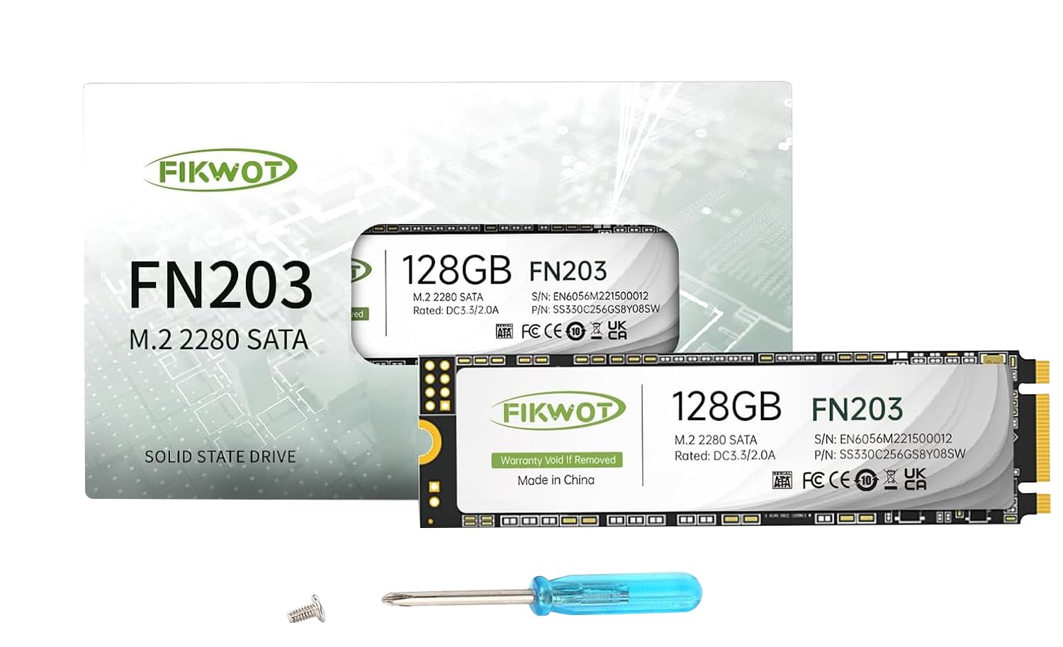 Fikwot FN203 M.2 SATA SSD - SLC Cache 3D NAND TLC SATA III 6Gb/s M.2 2280 NGFF Internal Solid State Drive, Up to 550MB/s, Compatible with Ultrabooks, Tablet Computers and Mini PCs (128GB)