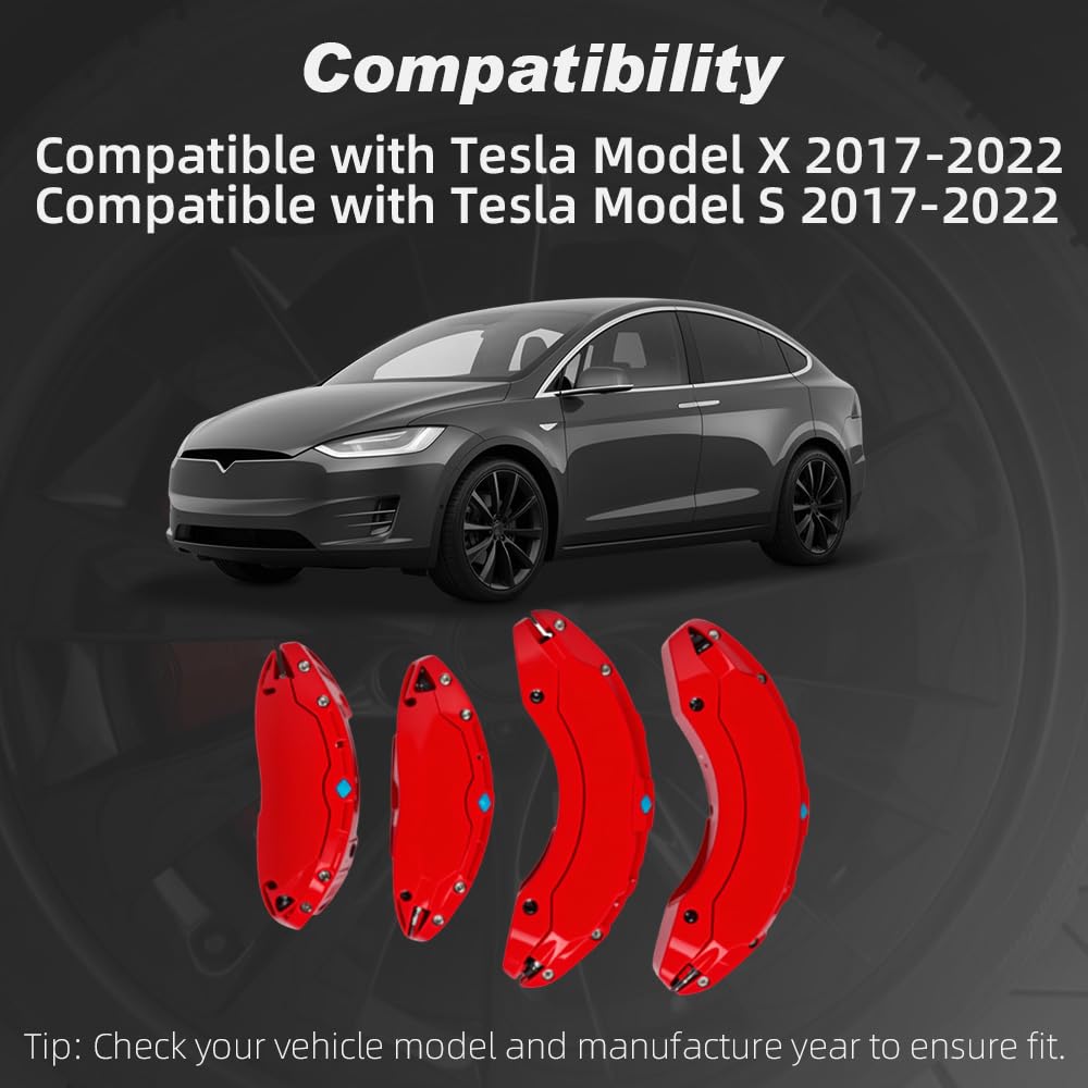 Juego de 4 cubiertas de pinza de freno delantera y trasera, fundas de pinza de freno, fundas de calibrador, compatibles con Tesla Model X S 2017-2021