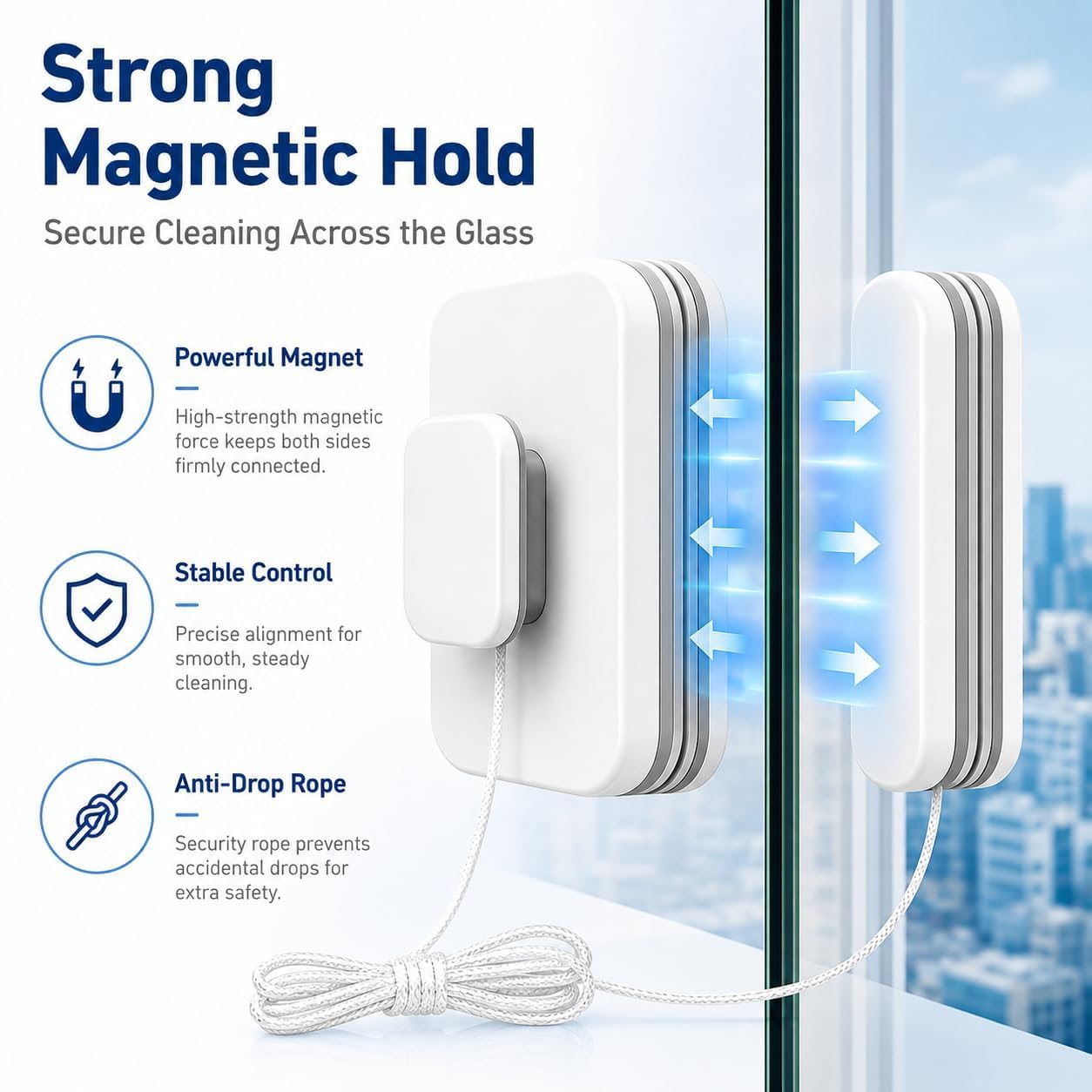 Lavavetri Magnetico 6 In 1, Strumento Doppia Faccia Con Corda Sicurezza, Tergivetro Per Casa Auto Porte Scorrevoli Vetro 3 A 10 mm (8-15mm)