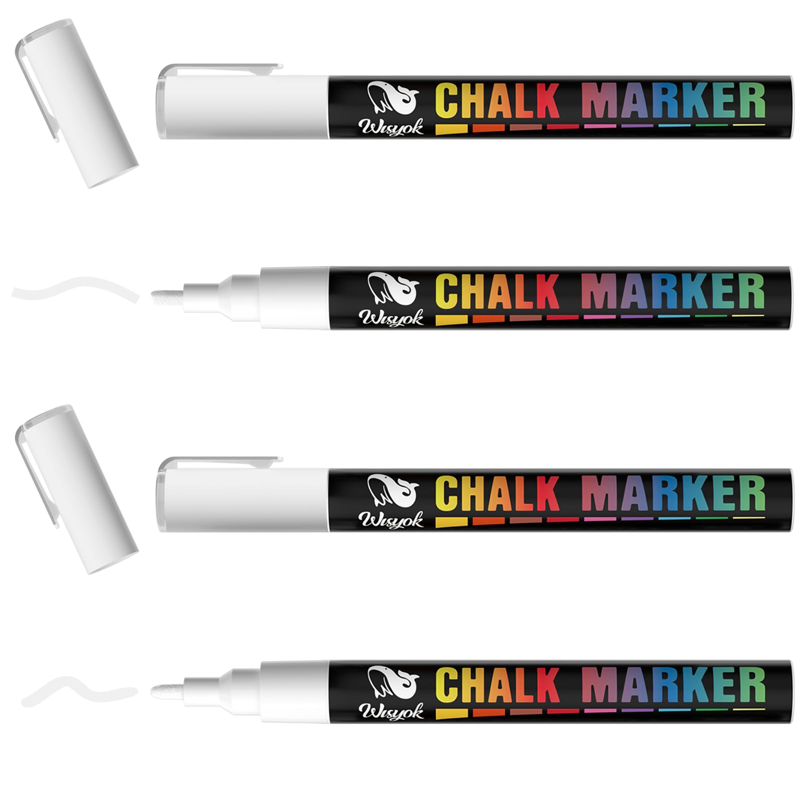 WISYOK White Liquid Chalk Pens, 3mm Reversible Bullet & Chisel Point Chalk Markers, Erasable Chalk Marker Pens for Chalkboard, Window, Glass, Jars and Mirror- 4 Pack