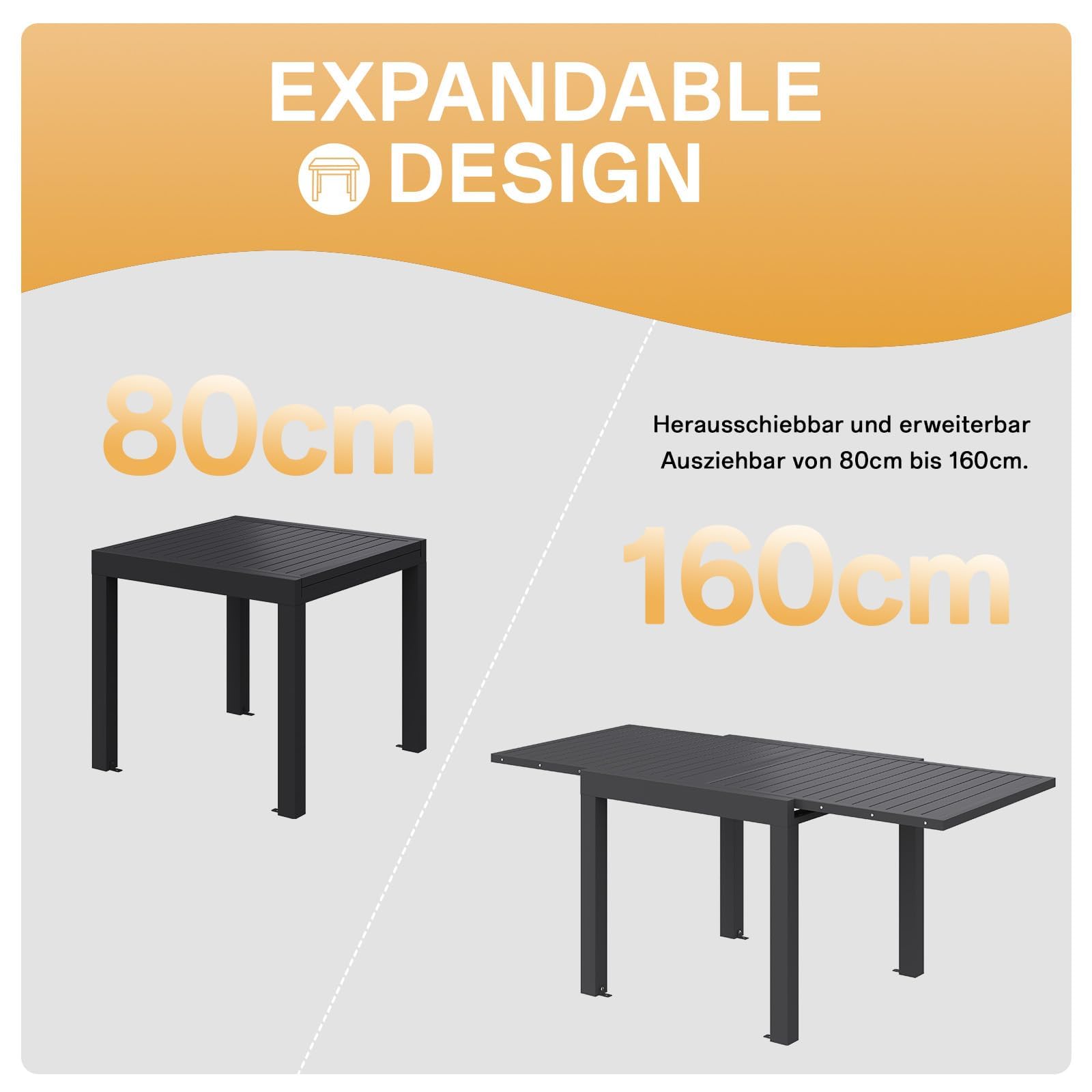 Devoko Gartenmöbel Set 6 Personen,6+1 Aluminium Tisch und Stühle Set Balkonmöbel, 6 Stapelbare Gartenstühle und 1 80/160 cm Dehnbarer Gartentisch,Terassen möbelsets außen Lounge, Dunkelgrau