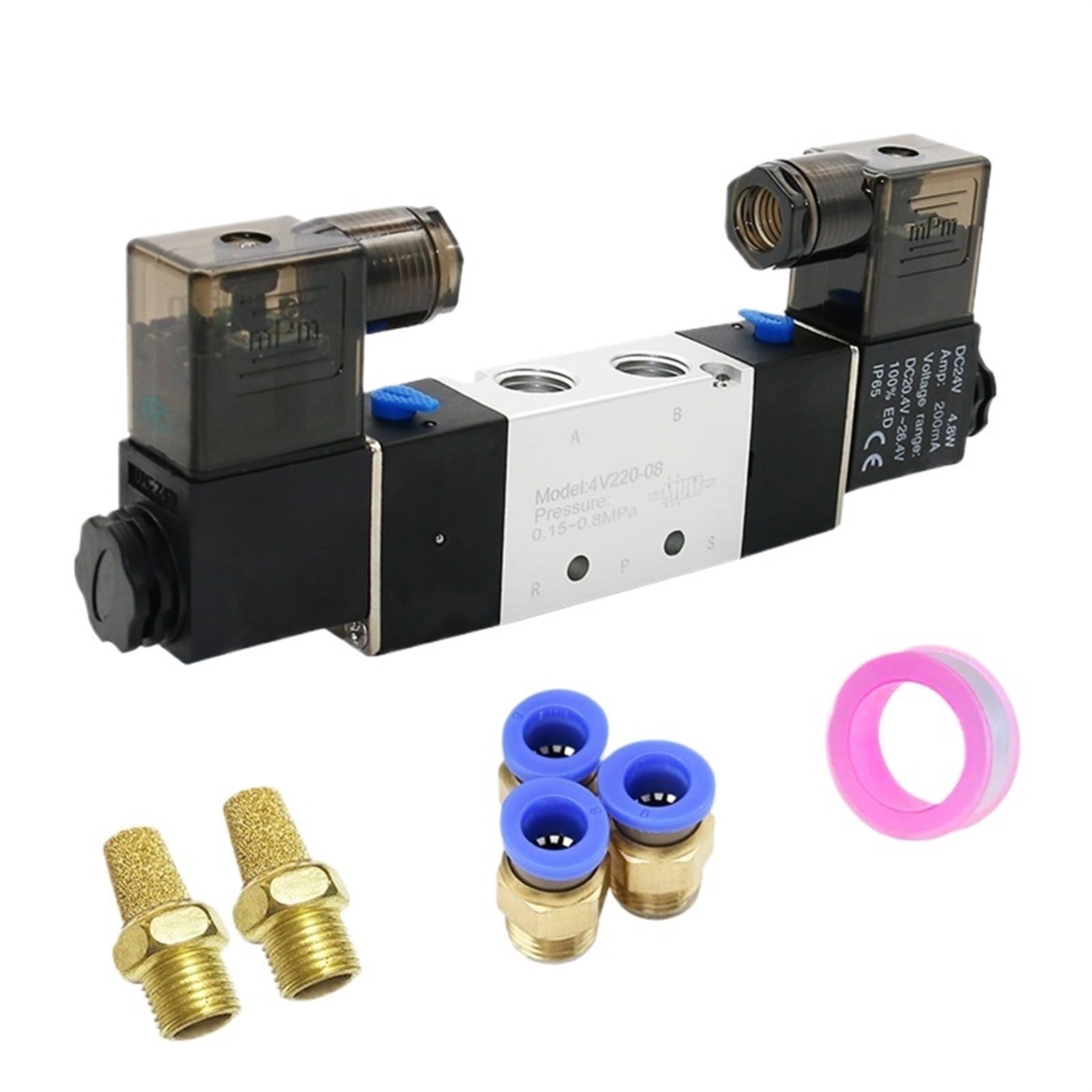 4v220-08 Doppelkopf-Doppelsteuerung 5-Wege-2-Positionen-pneumatisches Wegeventil 1 Stück(PC 4mm Fittings,AC220)