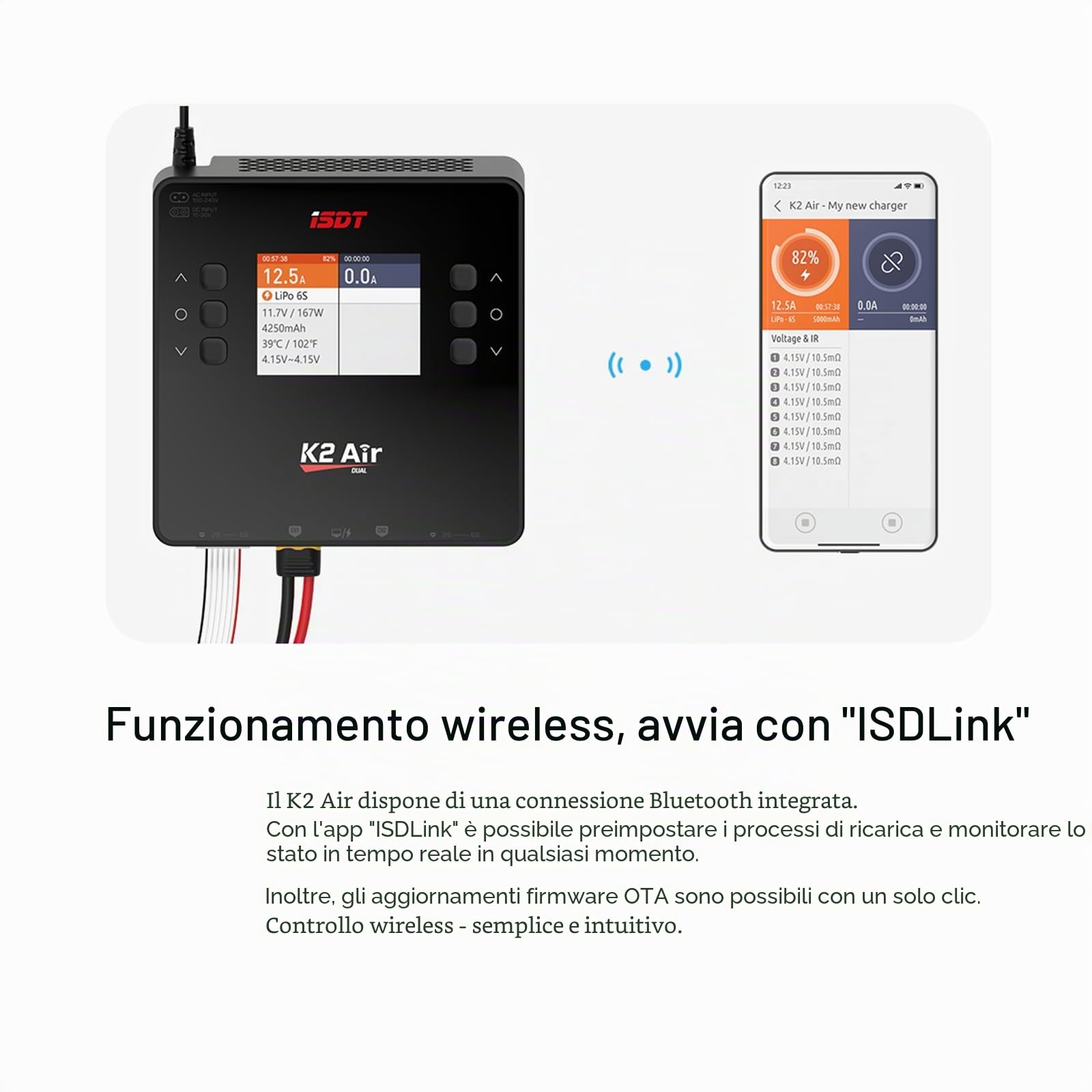 ISDT K2 Air Bluetooth Lipo Caricatore AC 200 W DC 500 W x 2 20 A Smart Balance Scaricatore/caricatore rapido a due canali per batterie Life/Lilon/LiPo/LiHv 1-6S, Pb 1-12S, NiMH/Cd 1-16S