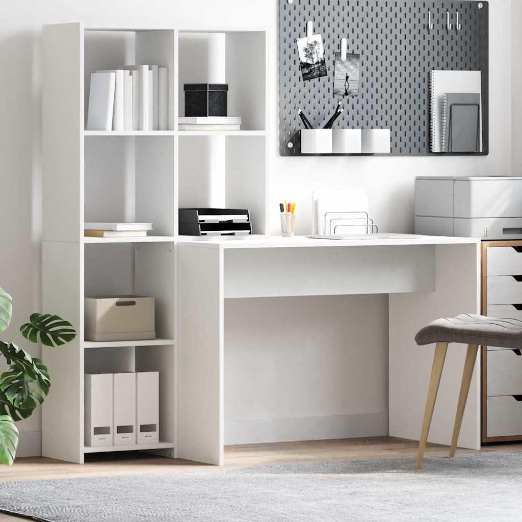 Scrivania bianca con ripiano in legno, 138,5 x 55 x 143 cm, 4 ripiani, scrivania per computer, tavolo da lavoro, scrivania da ufficio, per PC, laptop, home office, salvaspazio e durevole, per