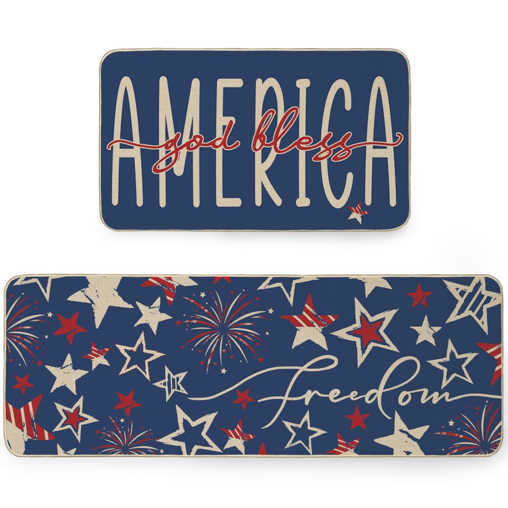 ARKENY Patriotic Kitchen Mats Sets of 2 ，4th of July America Liberty Home Decor Kitchen Rugs,Stars kitchen mats Cushioned Anti Fatigue- 17x29 和 17x47 英寸-AKM072