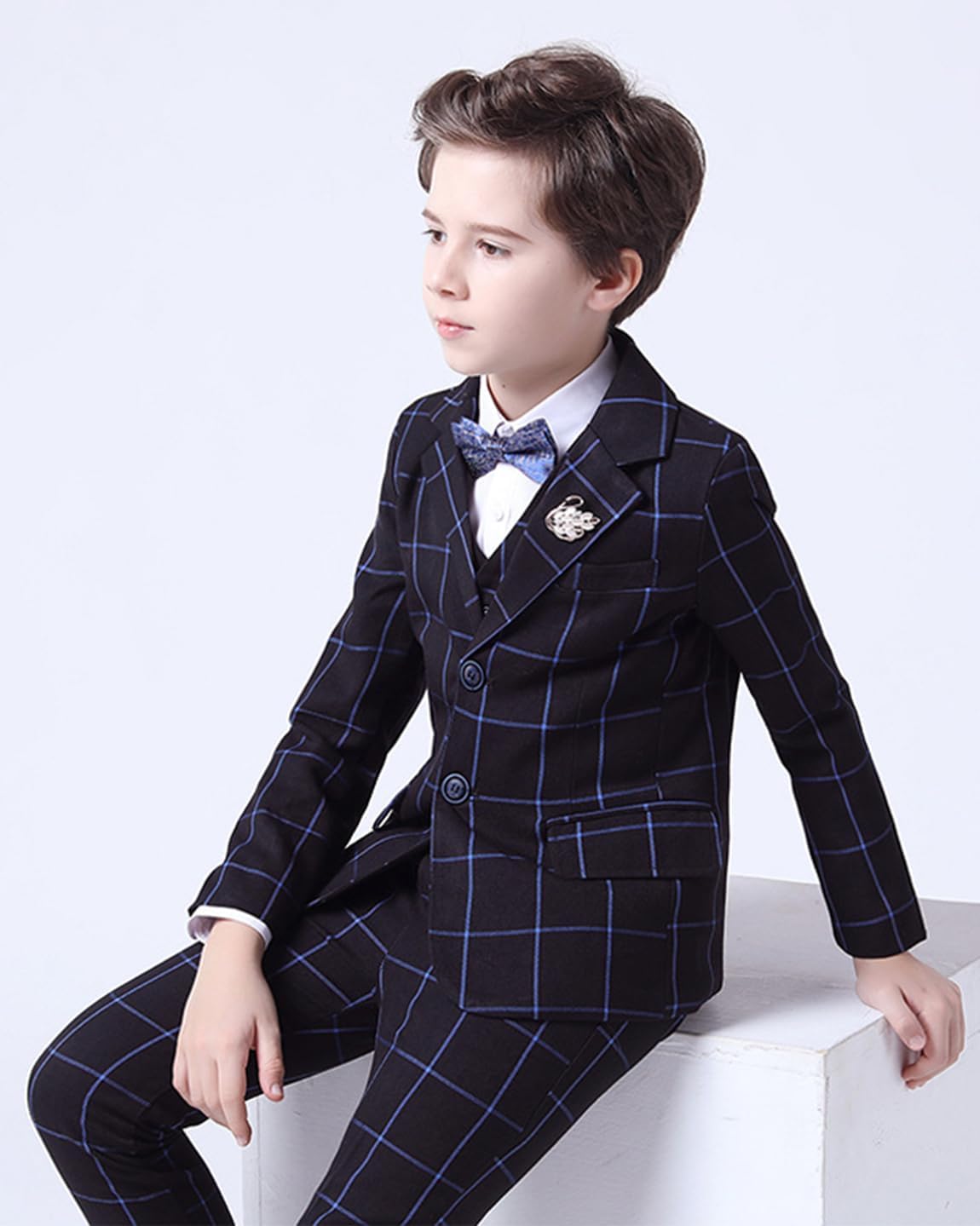 Boys' Plaid Three Pieces Suit Single Breasted Tuxedos Birthday Formal Party Pageboy