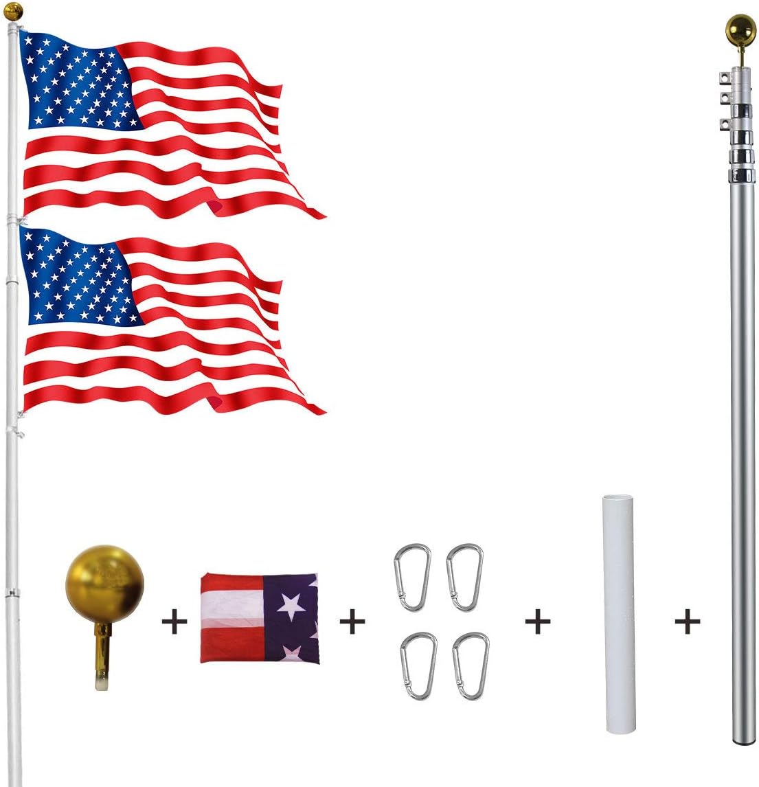 YDisplay 25ft Flag Pole Kit for Outside Inground Heavy Duty Telescoping Flagpole 16 Gauge Aluminum with 3x5 American Flag, Golden Top Ball and Clips for Yard Patio Garden- Can Fly 2 Flags