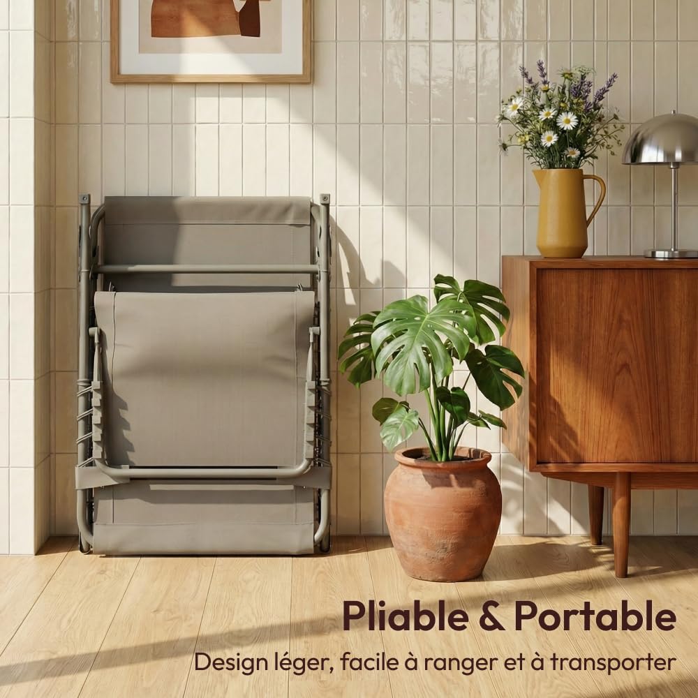 CASABEL Chaise Longue Pliante, Inclinable, Taupe | Coussin déperlant confortable, Dossier inclinable, Toile textilene respirante, Structure acier anti-rouille, Pliable, légère