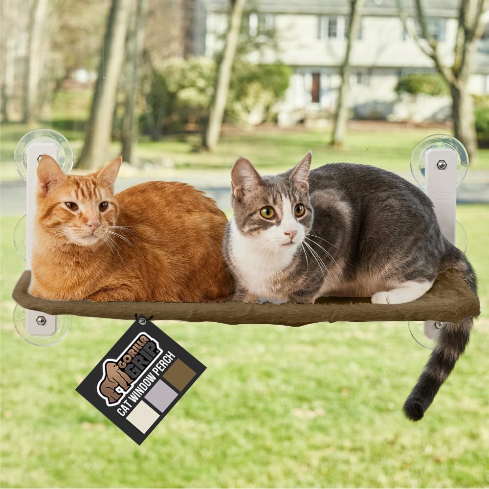 GORILLA GRIP Cat Window Perch, Foldable Cat Window Hammock Bed with 6 Large Suction Cups, Cordless Indoor Wall Shelves, Strong Metal Frame Holds 40lbs, Reversible Washable Sherpa Cover, Large Brown