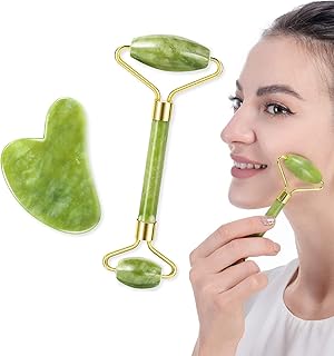 Yomitek Jade Roller for Face and Gua Sha Kit, Facial Beauty Roller Skin Care Tools, Gua Sha Massage Facial Tool and Face Roller for Eyes, Neck Body Skin Care, Beauty Natural Jade Stone for Relieving Wrinkles and Firming