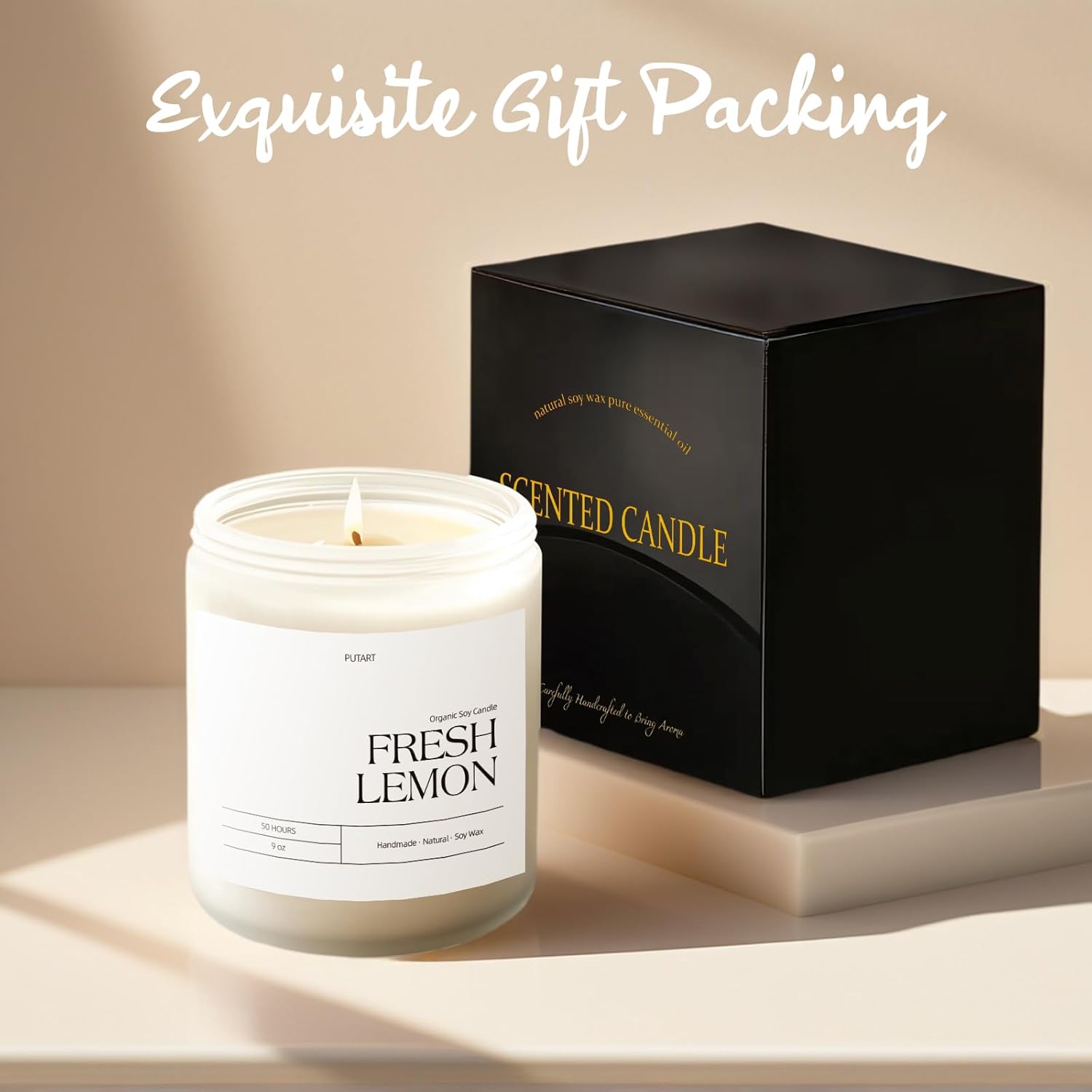 Fresh Lemon Highly Scented Candle for Home, 9oz Natural Soy Aromatherapy Non Toxic Candles with Essential Oil, Home Fragrance Stress Relief & Meditation Jar Candles Gifts for Women & Men, White - Image 5