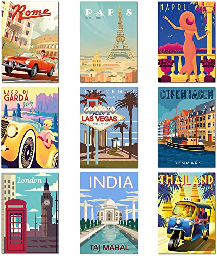 Olivia Samuel Lot de 9 affiches de voyage vintage format A4 sur carte épaisse 350 g/m²
