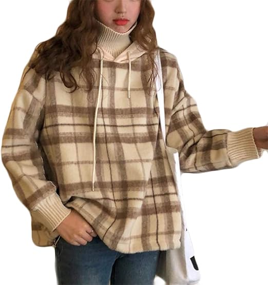 Amazon ジャンーウェ パーカー レディース フード付き ハイネック 長袖 ドッキングパーカー ゆったり チェック柄 裏起毛 学生 トレーナー パーカー 通販