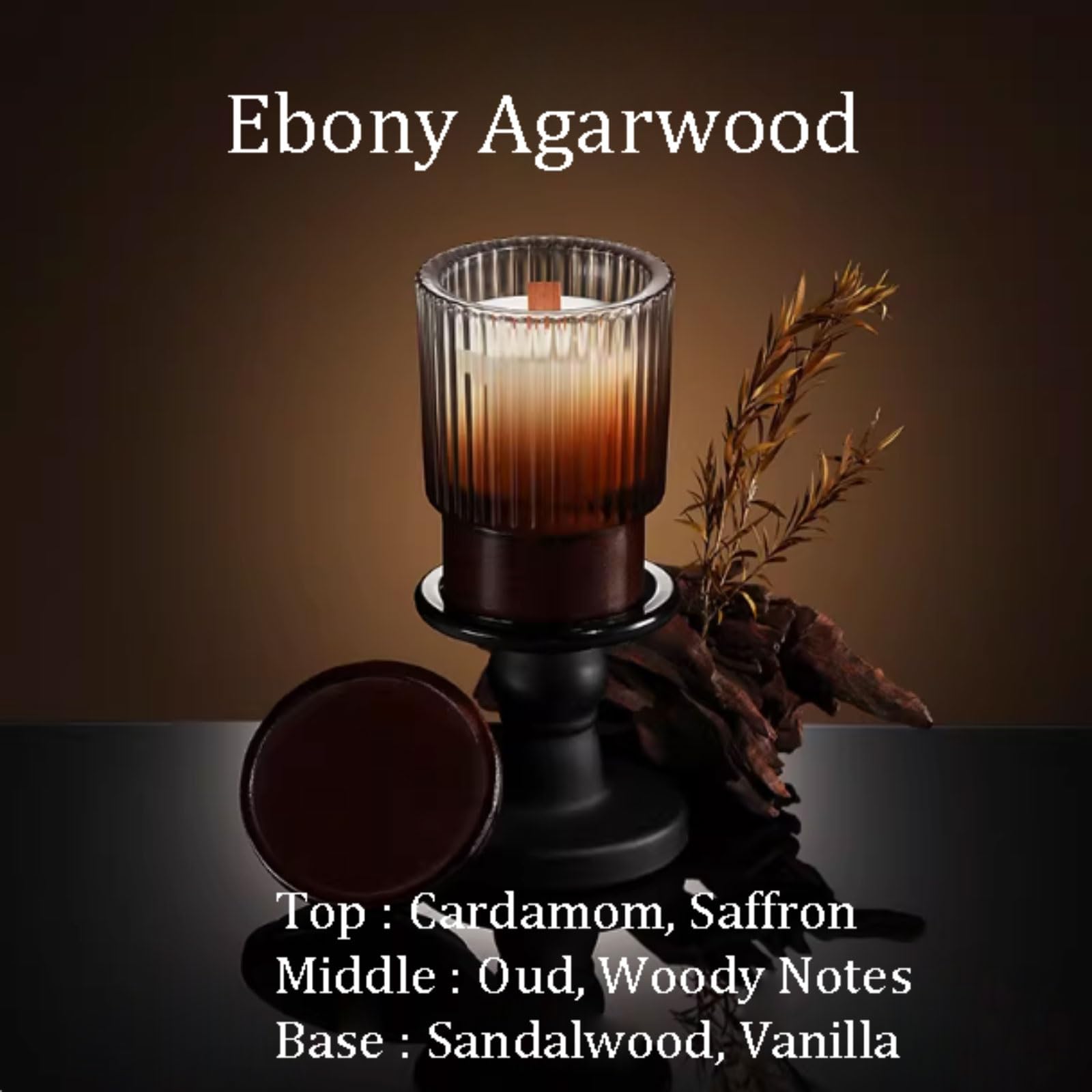 Velas de vidrio y madera hechas con cera de soja y aceites esenciales botánicos, vela de aromaterapia reutilizable de larga duración(Ebony Agarwood)