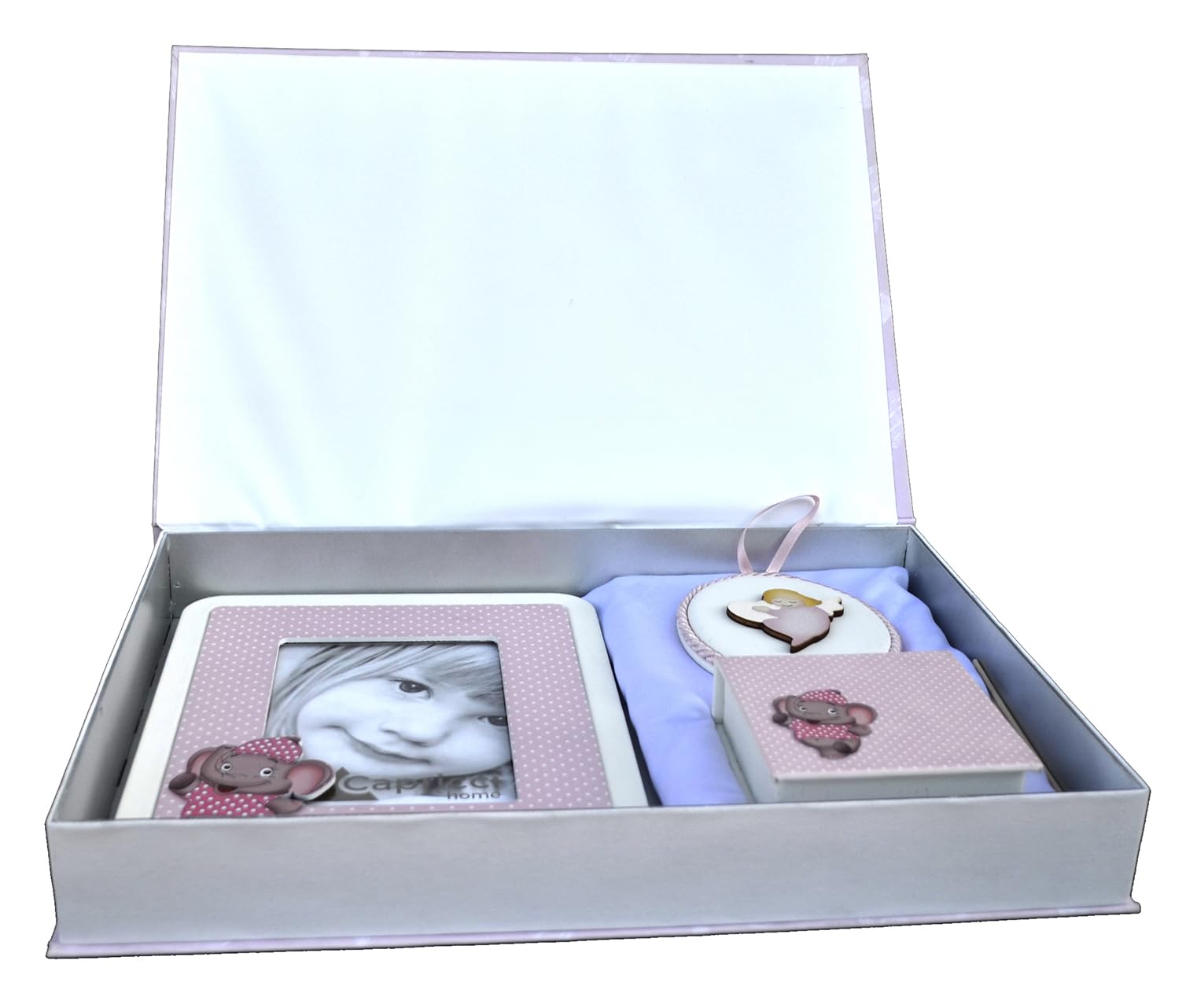 Benvenuto al Mondo: Set regalo tema Elefantino con Portafoto da tavolo Profumatore e Sopraculla Neonato nascita (Rosa)