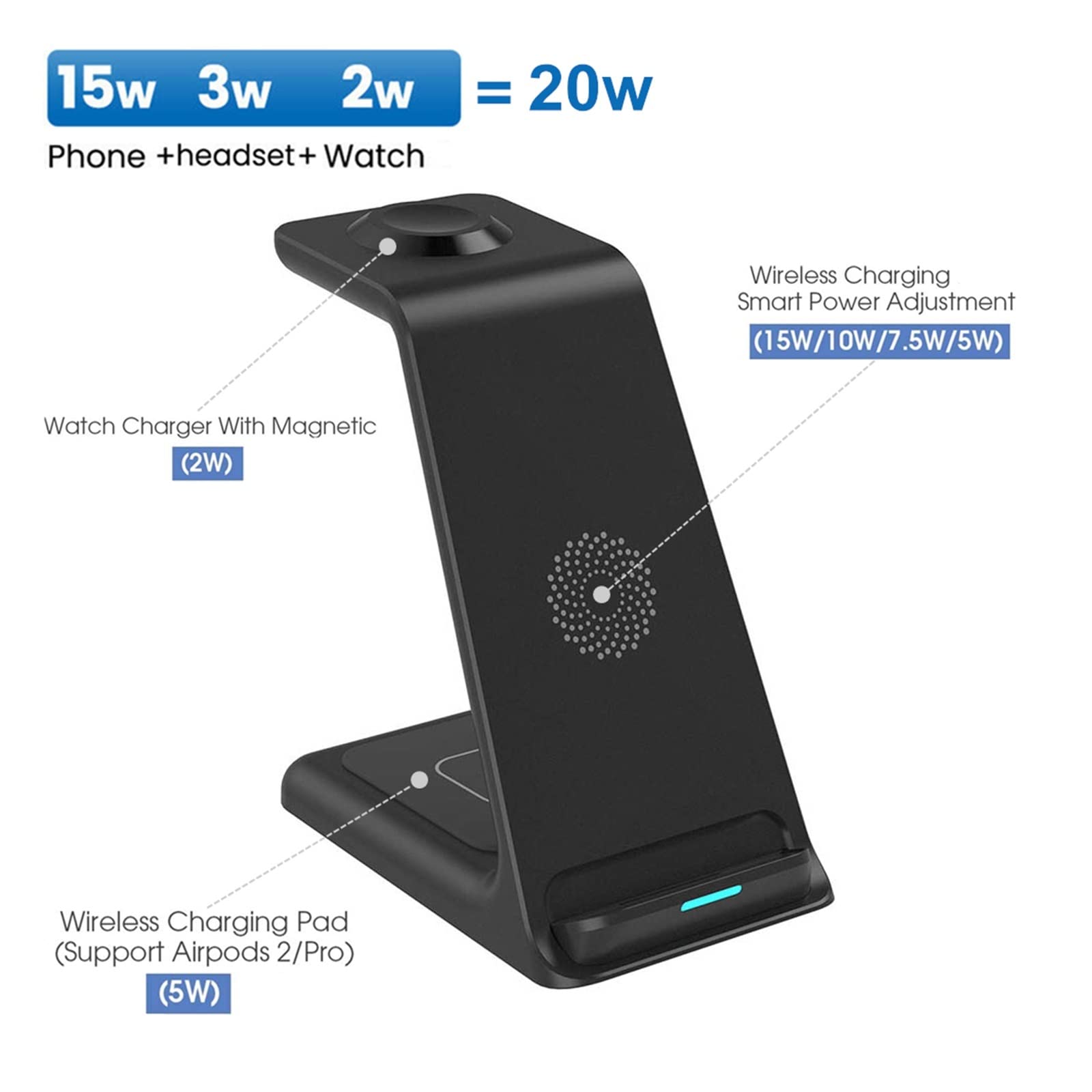 Support de Chargeur sans Fil 20W 3 en 1 Station d'accueil Charge Rapide Qi for téléphones intelligents, chargeurs Conception Portable(Blanc)