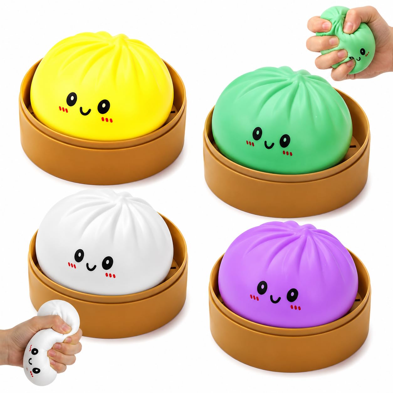 4PCS Giant Dumpling Bao Squishy Toys with Steamer Box, Cute Squishy Stress Balls, Soft Sensory Fidget Squeeze Toys for Anxiety Relief, Decompression Toy for Kids and Adults