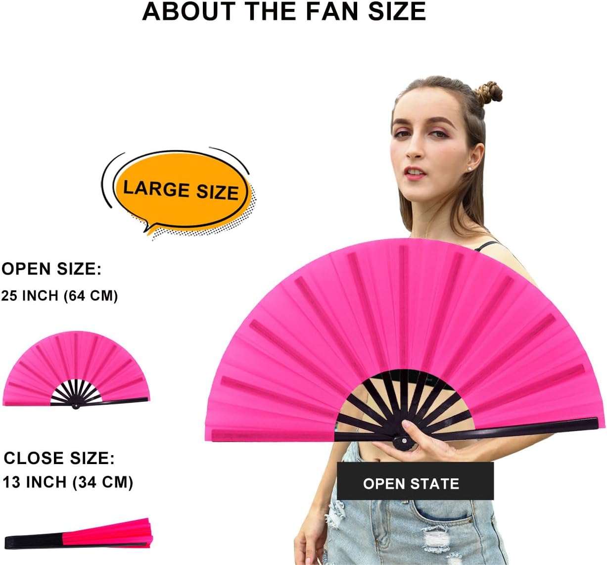 Amajiji Rave Fan, Large Clack Folding Hand Fan Line Dance Popping Fan, Big Handheld Clap Fans for Line Dancing EDM, Music Festival, Club, Event, Party, Performance 2 Pcs (Pink)