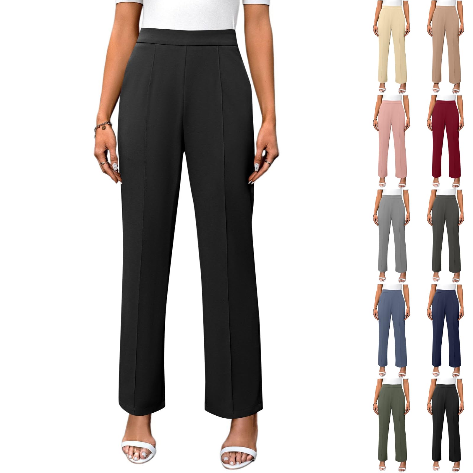 Womens Pants Dressy Casual High Waisted Lounge Straight Leg Pants with Pockets Ladies Light Weight Office Trousers
