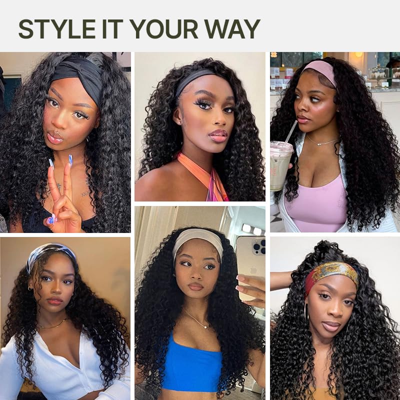 Frodio Headband Wig Curly Wig 22 Inches Veralux™ Blend Human Hair 22" Deep Wave Headband Wig Glueless Wigs Beginner Friendly Curly Elastic Band Wig