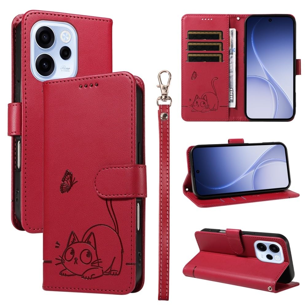Étui portefeuille OnePlus 12 5G rouge motif chat idée cadeau - 8