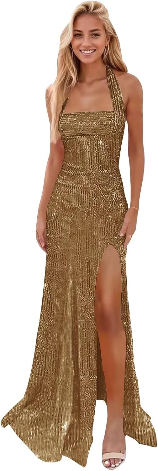 Xijun Women's Halter Sparkly Sequin Prom Dresses Long 2026 Mermaid Formal Evening Party Gowns with Slit