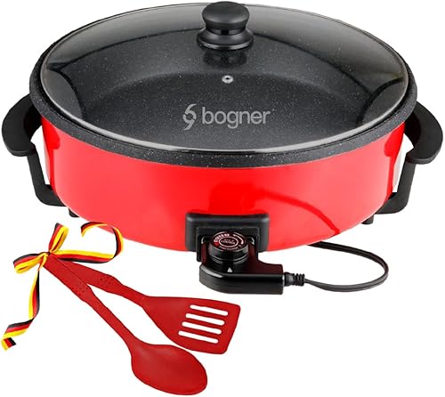 BOGNER Electric Round Frying Pan with Non-Stick Coating and Glass Lid Large Size 42cm Diameter 7.5L Capacity Easy to Clean and Use Features
