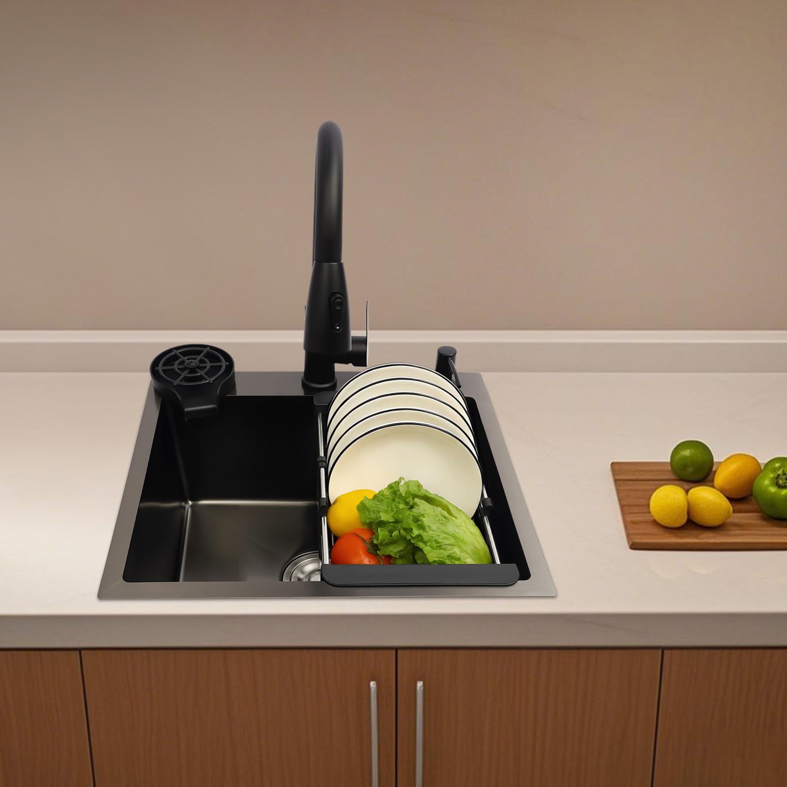 Fregadero de cocina de acero inoxidable 201, 50 x 45 cm, color negro, 1 lavabo, moderno, con grifo extensible, tubo de drenaje, dispensador de jabón, escurridor para cocina, gastronomía