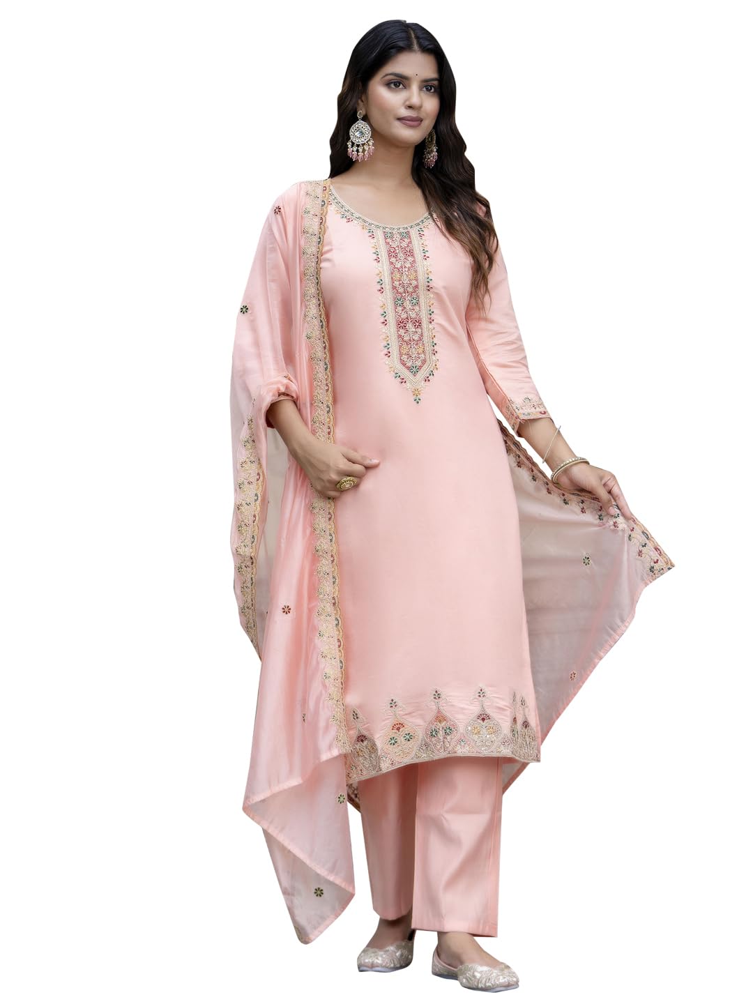 VredeVogel Women's Silk Blend Embroidered Kurta Pant Set with Organza Embroidery Dupatta