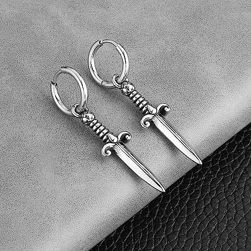 HZMAN Sword/Cross/Awl Spike Dangle Earrings for Men Women Gothic Punk Stainless Steel Hinged Huggie Hoop Earring Jewelry Gift3