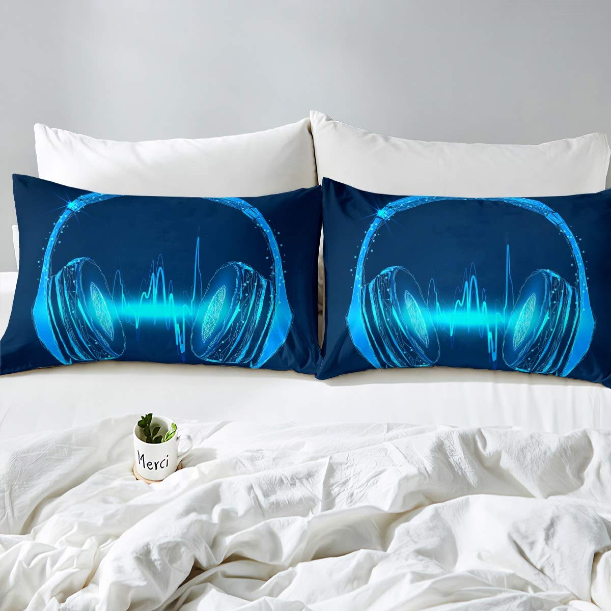 Loussiesd Boys Headset Duvet Cover for Kids Girls Teens Bedroom Decor Rock Music Themed Bedding Set Chic Blue Headphone Comforter Cover Musical Pattern Bedspread Cover Single Size With 1 Pillow Case - Image 2